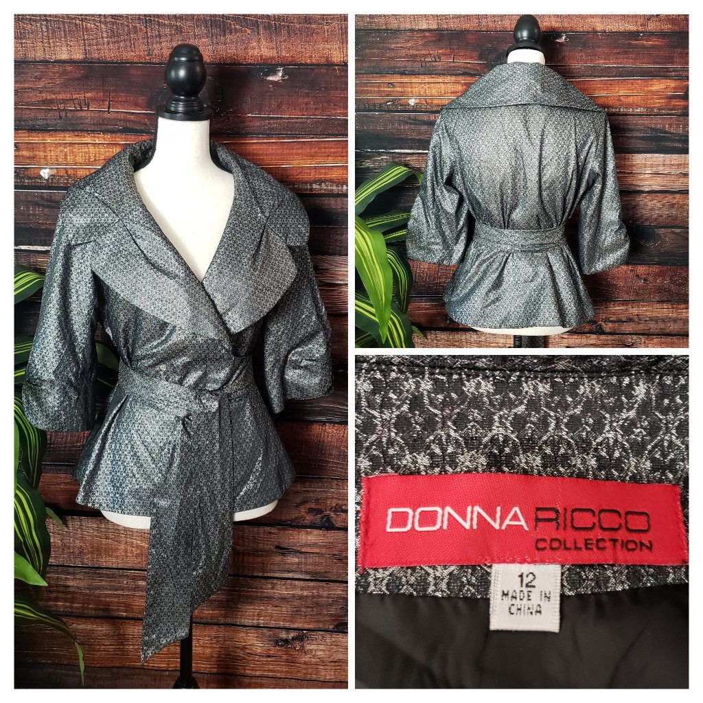 Donna Ricco Collection 12 Belted Wrap Jacket Top Metallic Silver